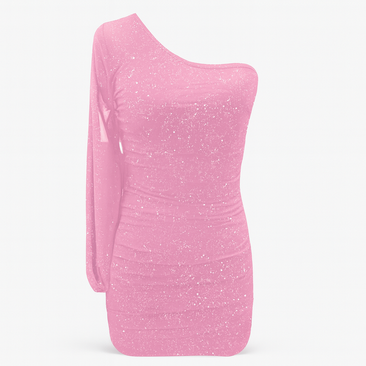 Pink Mini Asymmetric Fringed Dress Sequins & Long Sleeves