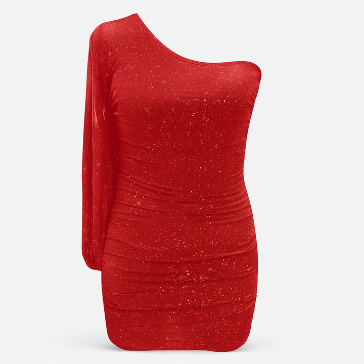 Red Mini Asymmetric Fringed Dress Sequins & Long Sleeves