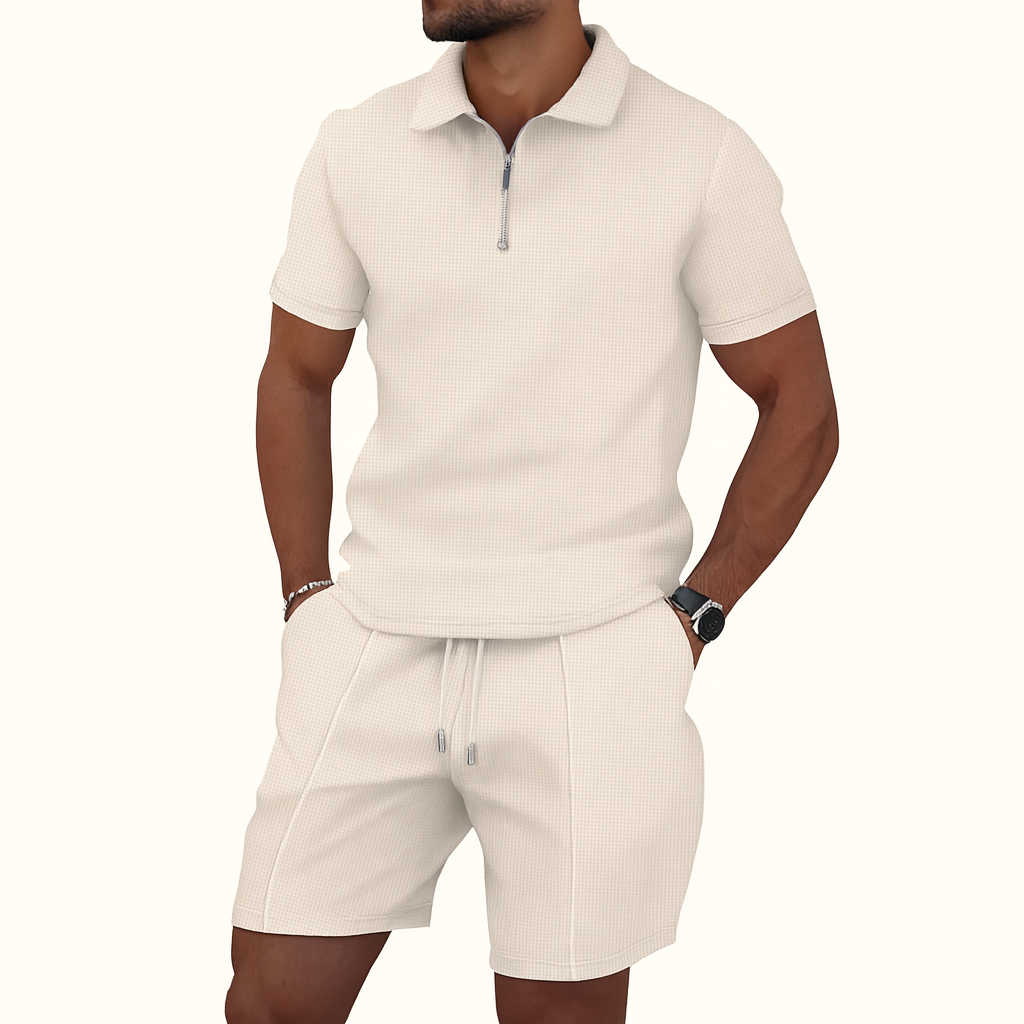 summer waffle solid color zipper lapel short-sleeved set with shorts