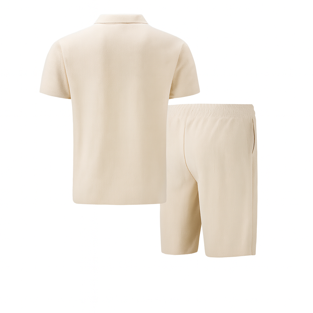 Beige summer waffle solid color zipper lapel short-sleeved set with shorts