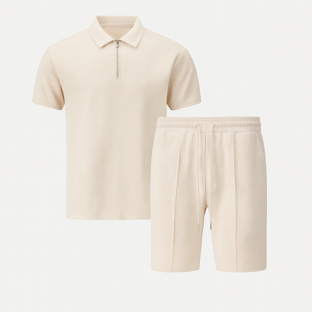 Beige summer waffle solid color zipper lapel short-sleeved set with shorts