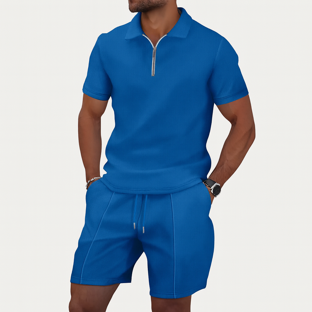 summer waffle solid color zipper lapel short-sleeved set with shorts