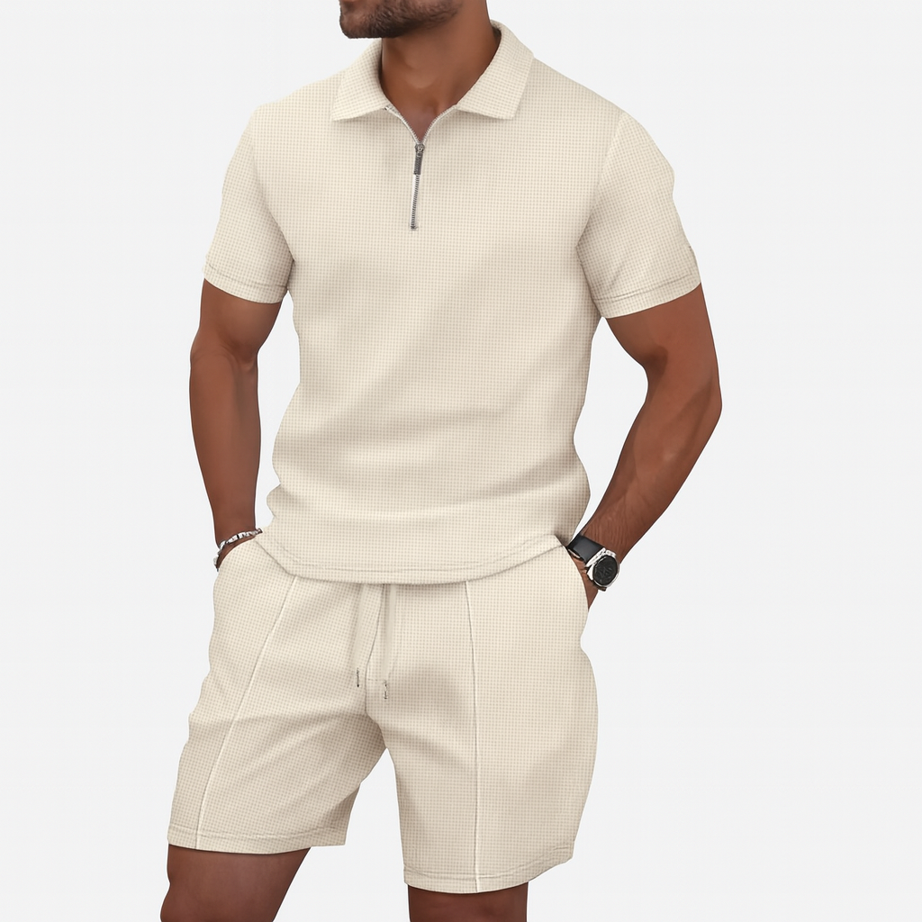 summer waffle solid color zipper lapel short-sleeved set with shorts