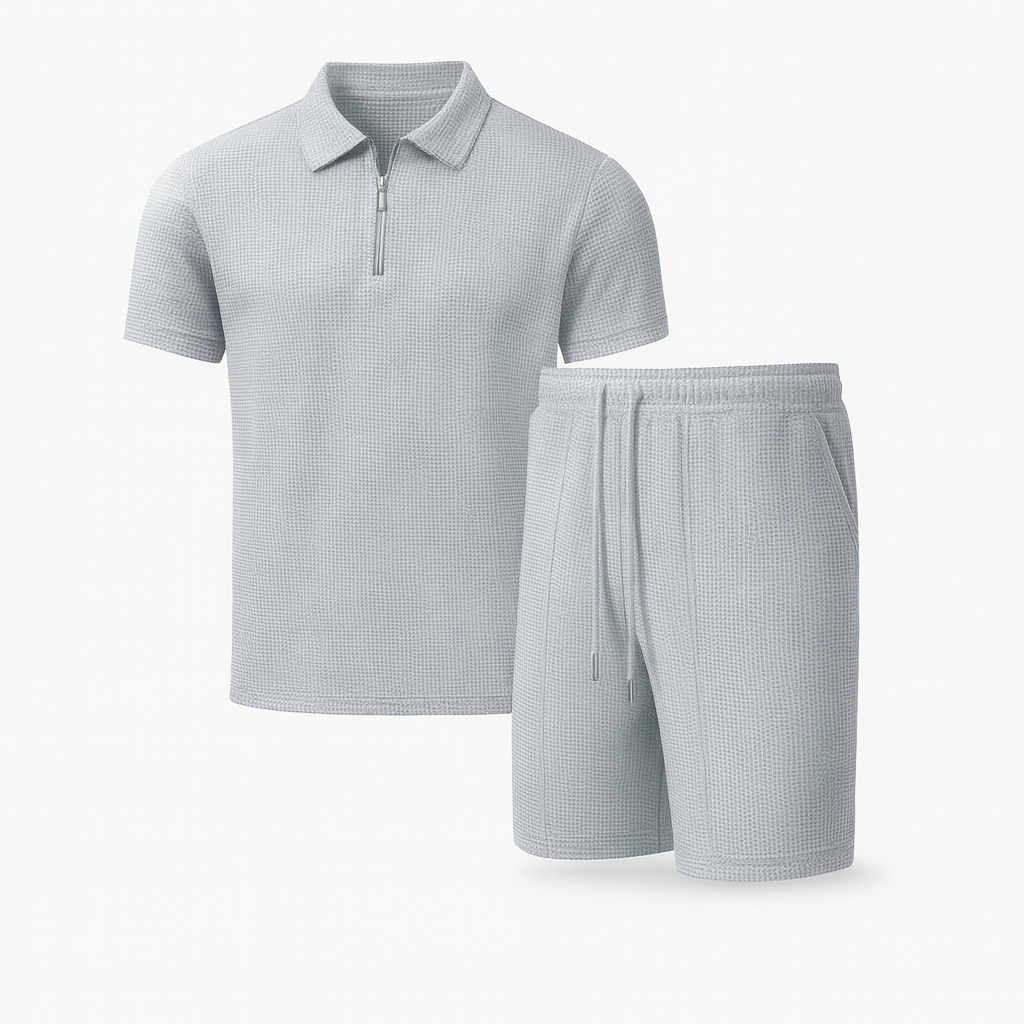 Gray summer waffle solid color zipper lapel short-sleeved set with shorts