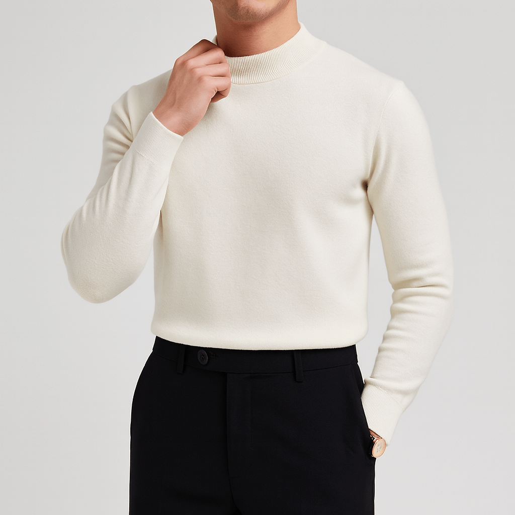 Mand i hvid sweater og sorte bukser, poserer mod neutral baggrund. Stilfuldt herretøj, minimalistisk mode, elegant look.