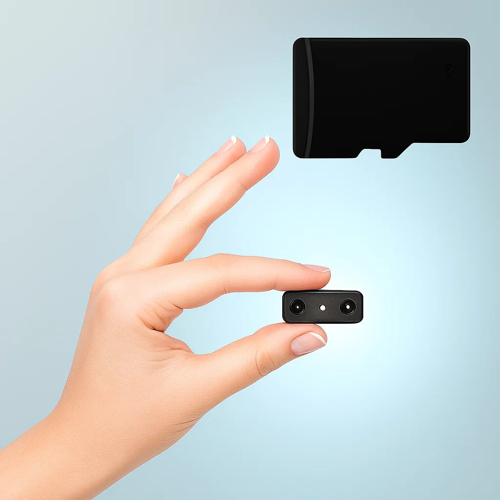 Hånd holder kompakt, sort kameraobjektiv mod lys baggrund. Kameraet har to linser og er ideelt til moderne fotografering og videoproduktion.