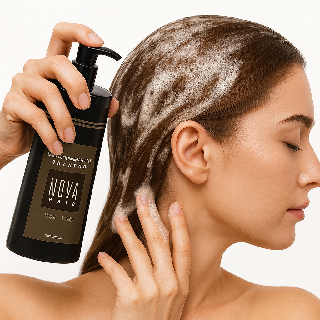 Kvinde vasker hår med Nova Hair shampoo, skummende effekt, nærbillede. Hårpleje, sundt hår, skinnende lokker, luksus shampoo, daglig pleje.