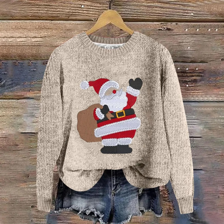 Beige julesweater med julemanden i dabbing-positur, bærer en sæk. Perfekt til jul, sjovt julemotiv, trendy vintermode.