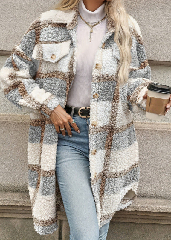 Padded Autumn Jacket for Women with Checks and Buttons | Mid-Length Puffer Jacket with Collar