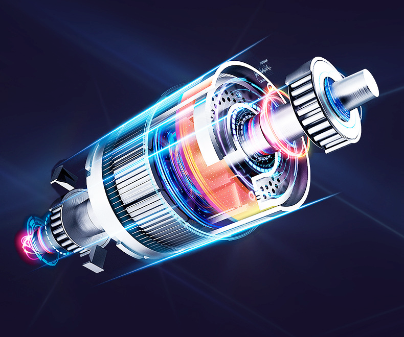 Futuristisk elektrisk motor med lysende blå og orange detaljer, der fremhæver teknologi og innovation. Velegnet til elbiler og maskiner.