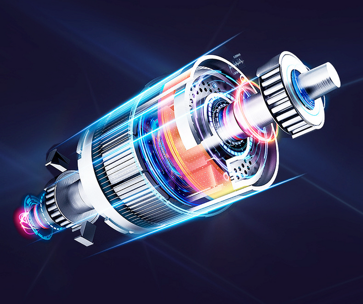 Futuristisk elektrisk motor med lysende blå og orange detaljer, der fremhæver teknologi og innovation. Velegnet til elbiler og maskiner.