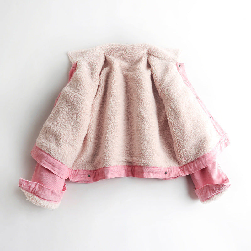 Kurtka dżinsowa Kort dla kobiet z różową wełną jagnięcą | Ocieplana kurtka dżinsowa na jesień