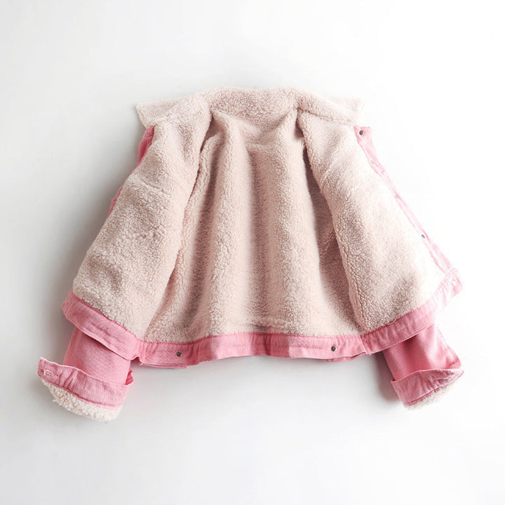 Kurtka dżinsowa Kort dla kobiet z różową wełną jagnięcą | Ocieplana kurtka dżinsowa na jesień