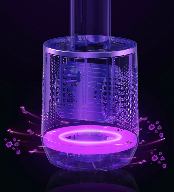 Futuristisk UV-sterilisator i lilla lys, avanceret teknologi til desinfektion, effektiv fjernelse af bakterier og vira, moderne design.