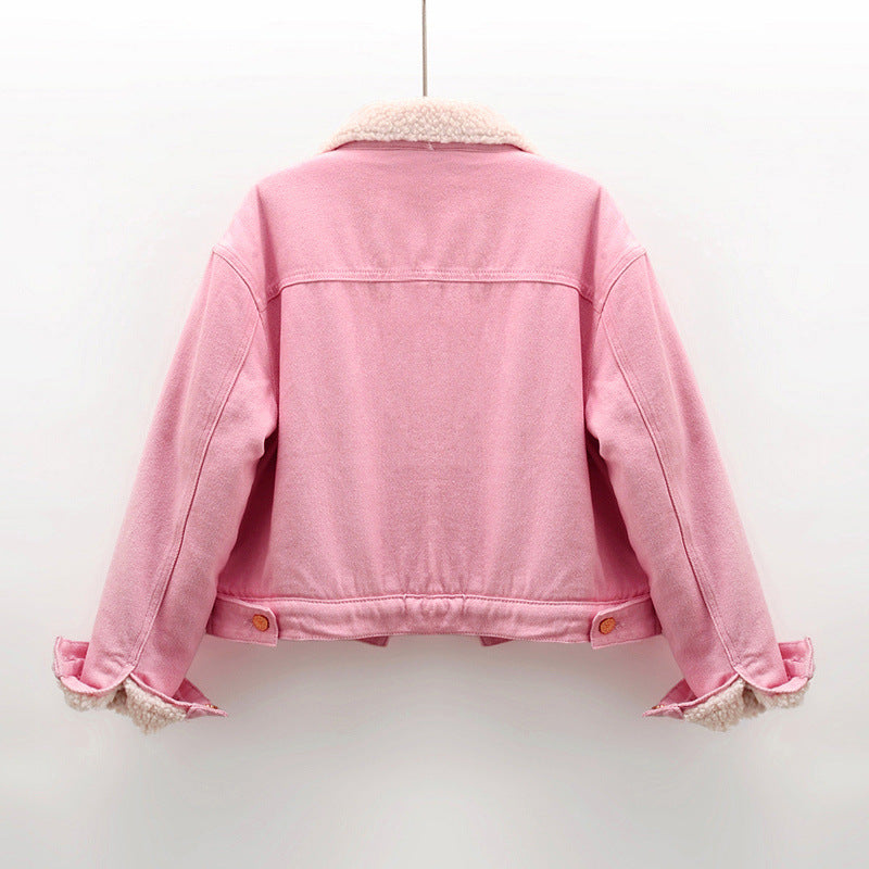 Kurtka dżinsowa Kort dla kobiet z różową wełną jagnięcą | Ocieplana kurtka dżinsowa na jesień