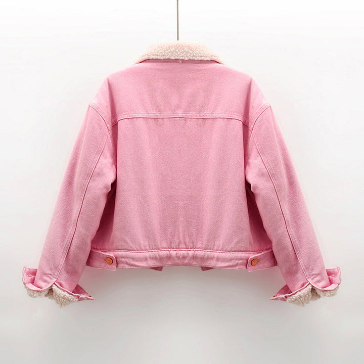 Kurtka dżinsowa Kort dla kobiet z różową wełną jagnięcą | Ocieplana kurtka dżinsowa na jesień