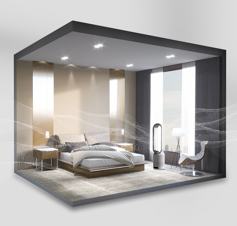 Moderne soveværelse med dobbeltseng, minimalistisk indretning, Dyson luftrenser, store vinduer og naturligt lys. Elegant og stilfuldt design.