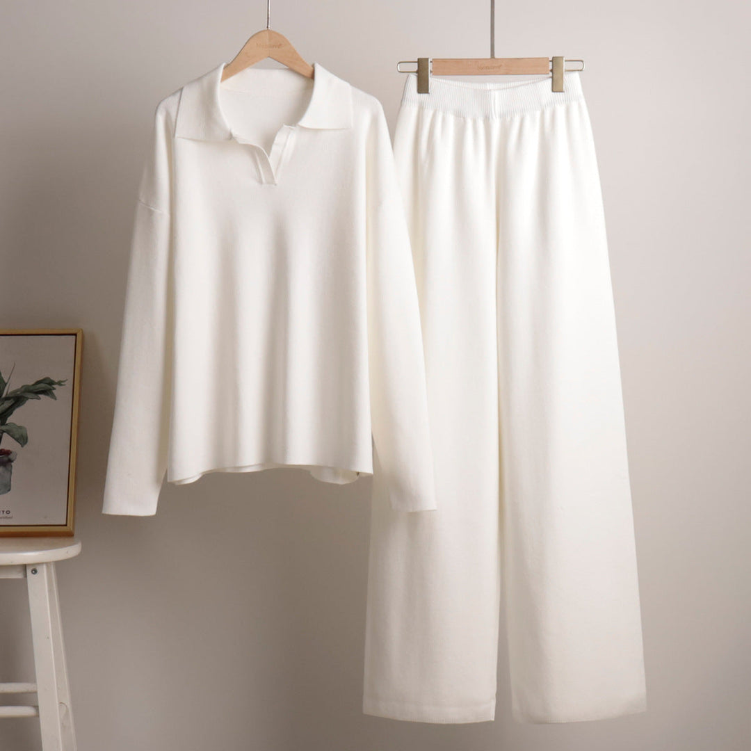 Set de agrement pentru femei | Material tricotat, pulover supradimensionat cu guler și pantaloni largi elastici