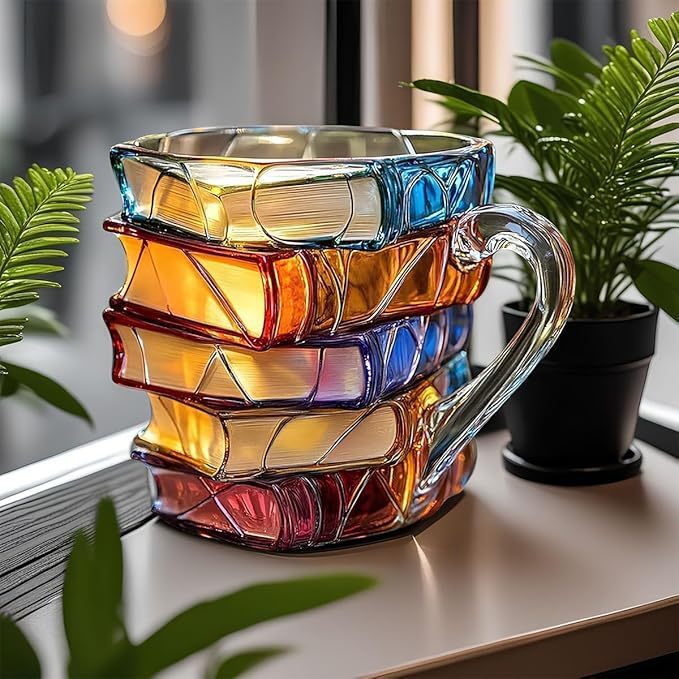 Farverig glas-kop med mosaikdesign på hvid hylde, omgivet af grønne planter. Unikt kunsthåndværk, moderne boligindretning, dekorativt glas.