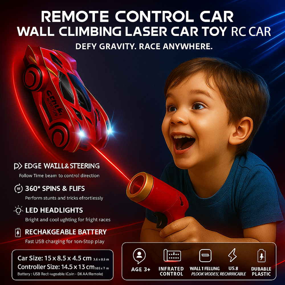 Dreng leger med fjernstyret bil, der klatrer på vægge. Inkluderer LED-lys, genopladeligt batteri og 360° spins. Perfekt til børn over 3 år.