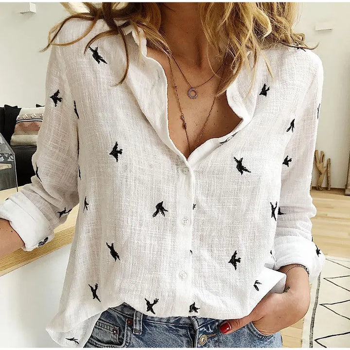 Camisa estampada Modekvinde manga larga algodón top oficina casual suelto top grande primavera verano