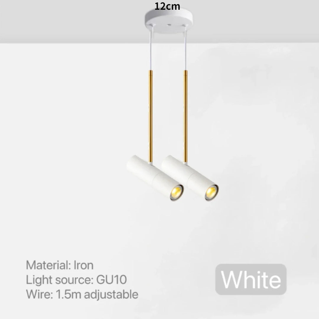 Hvid pendellampe med to justerbare GU10 lyskilder, 1,5m ledning, jernmateriale, 12cm bred. Moderne design til køkken eller stue.