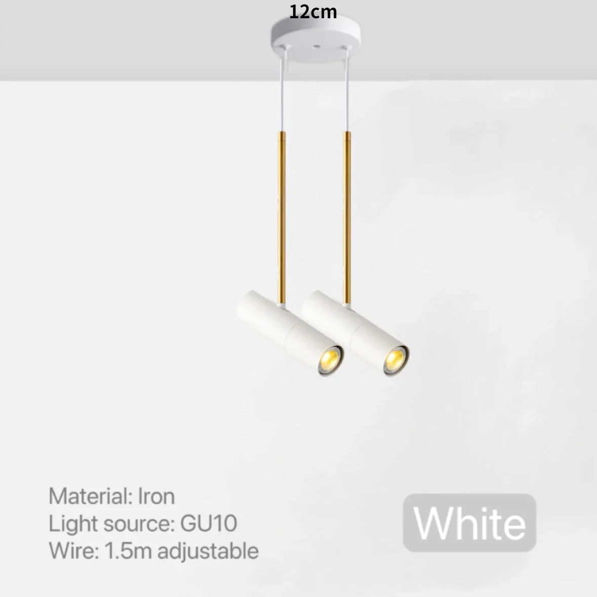 Hvid pendellampe med to justerbare GU10 lyskilder, 1,5m ledning, jernmateriale, 12cm bred. Moderne design til køkken eller stue.