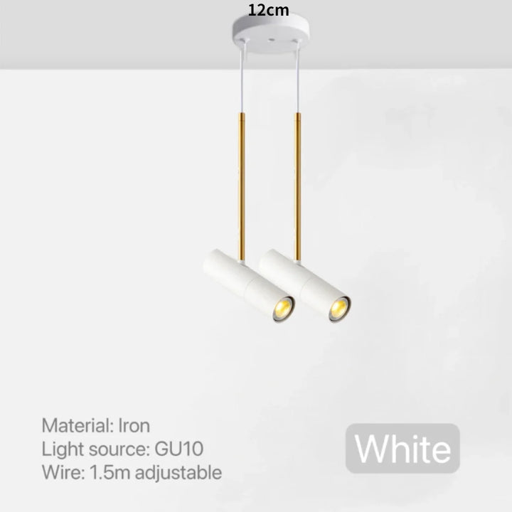 Hvid pendellampe med to justerbare GU10 lyskilder, 1,5m ledning, jernmateriale, 12cm bred. Moderne design til køkken eller stue.