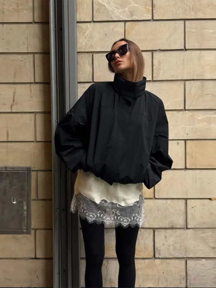 Krótka kurtka przeciwwiatrowa | Wysoki kołnierz Sznurowany pas Casual Jesień