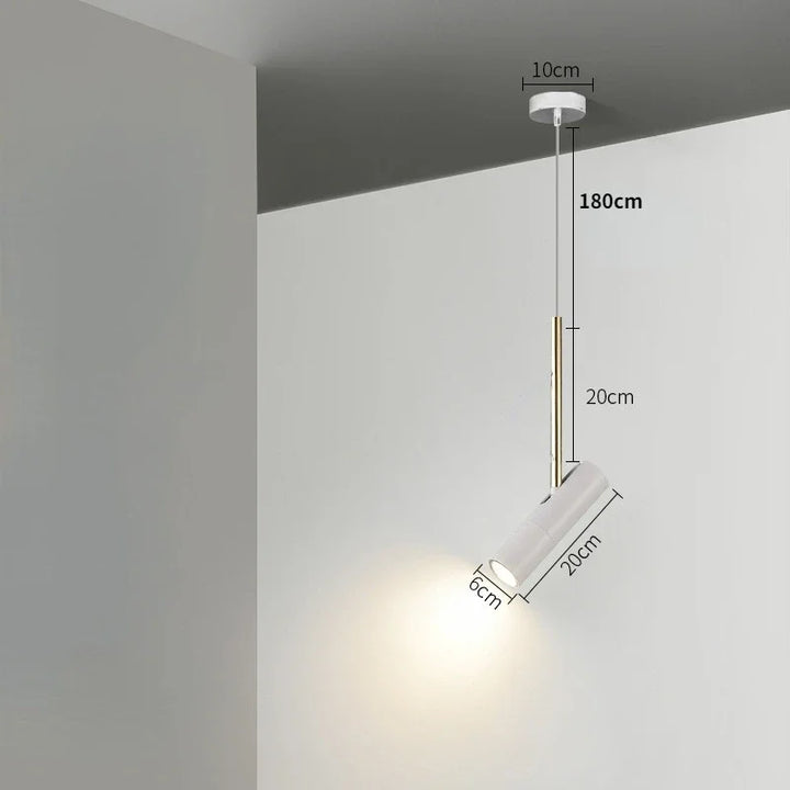 Moderne hvid pendellampe med justerbar længde, 180 cm ledning, 10 cm loftsbeslag, 6 cm diameter, 20 cm højde, ideel til minimalistisk indretning.