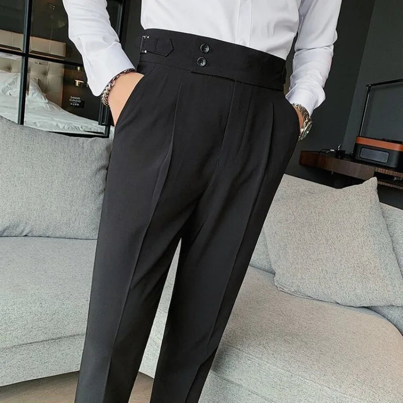 Pantalones de traje para hombre cintura alta pantalones rectos de negocios estilo coreano pantalones formales elegantes