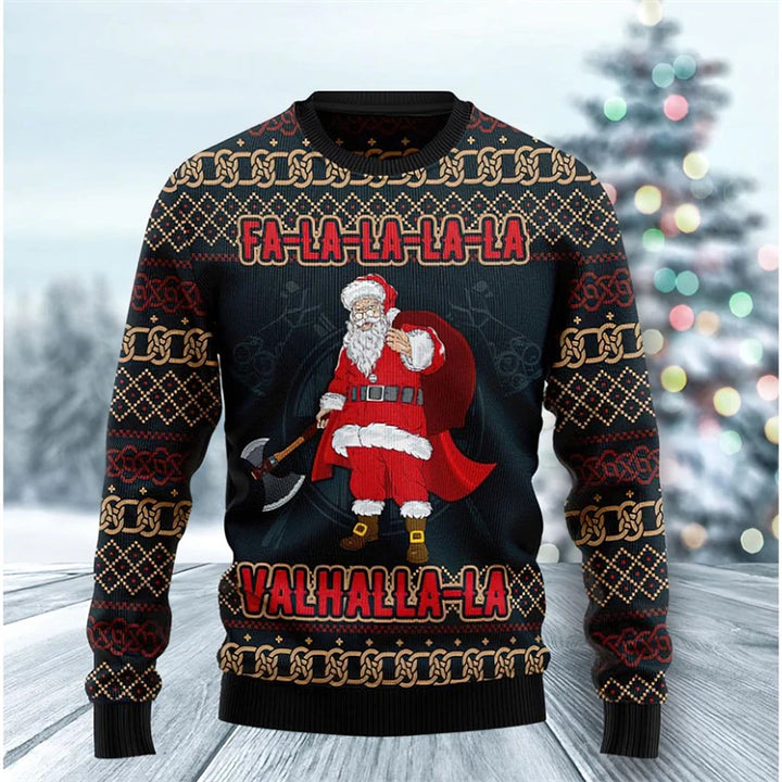 Julesweater med julemanden, vikingetema og teksten "Fa-la-la-la-la Valhalla-la" foran sneklædt juletræ. Perfekt til jul og vinterhygge.