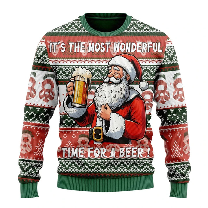Julesweater med julemanden, ølkrus og teksten "It's the most wonderful time for a beer". Festlig, farverig trøje med julemotiv og humoristisk budskab.