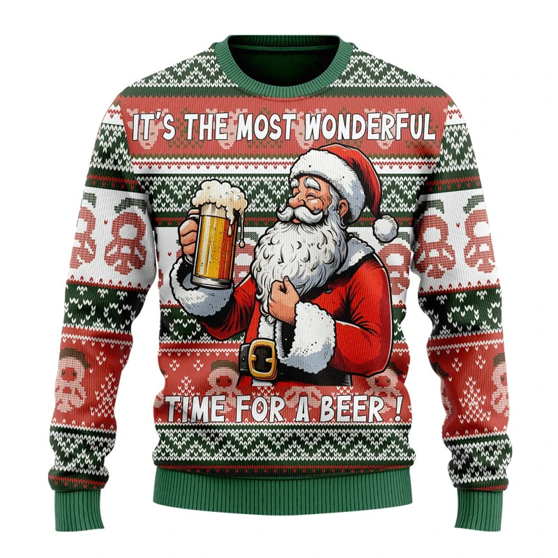 Julesweater med julemanden, ølkrus og teksten "It's the most wonderful time for a beer". Festlig, farverig trøje med julemotiv og humoristisk budskab.