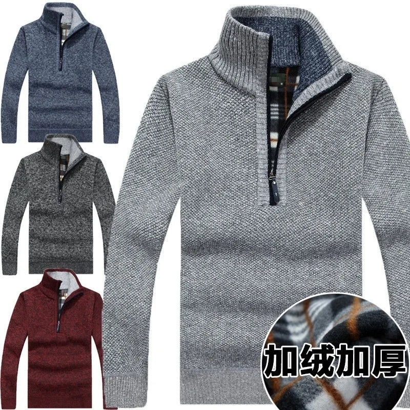 Pulover groasă pentru bărbați din fleece cu fermoar pe jumătate, guler înalt, pulover cald, pulover tricotat din lână