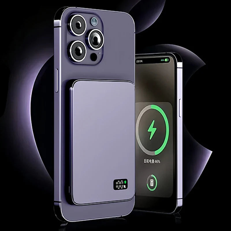 Ultratyndt eksternt batteri | hurtig magnetisk trådløs oplader med LED-skærm til iPhone & Samsung