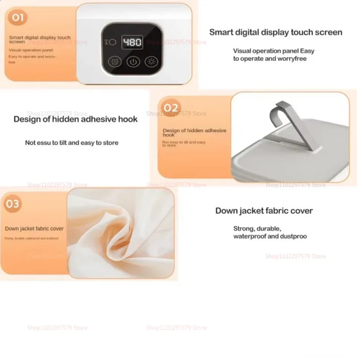 Smart digital display touch screen med skjult klæbekrog og dunjakke stofbetræk. Nem betjening, vandtæt, støvtæt, let at opbevare.