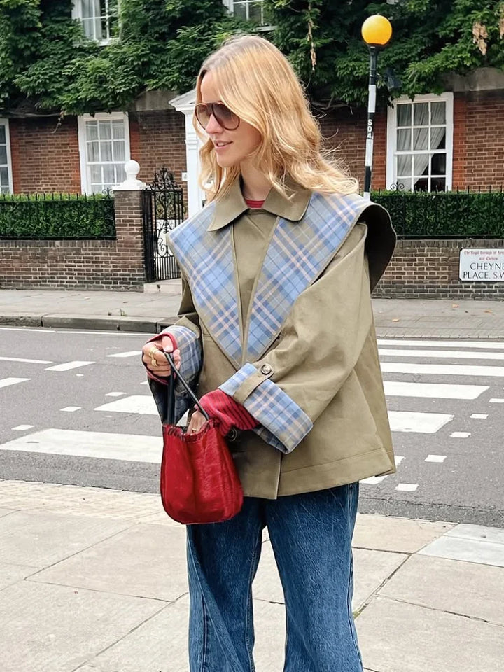 Płaszcz przeciwdeszczowy odwracalny w kratę | Haft pojedynczy guzik długi rękaw damski