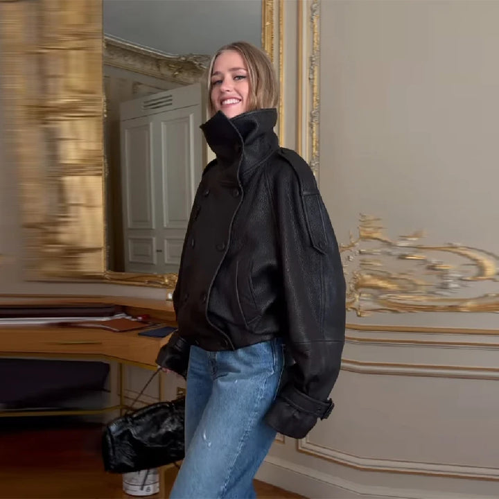 Kurtka krótka oversize luźna | Wysoki kołnierz podwójny guzik jesień kobieta