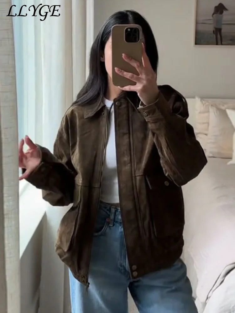 Bomberjakke Ruskind Vintage | Lynlås Revers Lommer Dame Overtøj