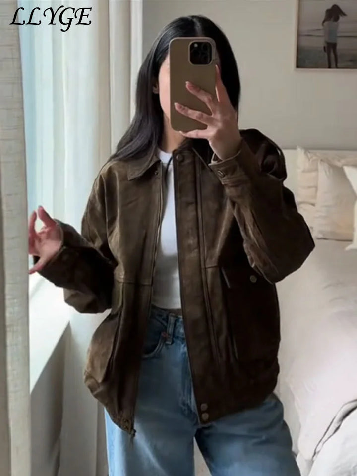 Bomberjakke Ruskind Vintage | Lynlås Revers Lommer Dame Overtøj