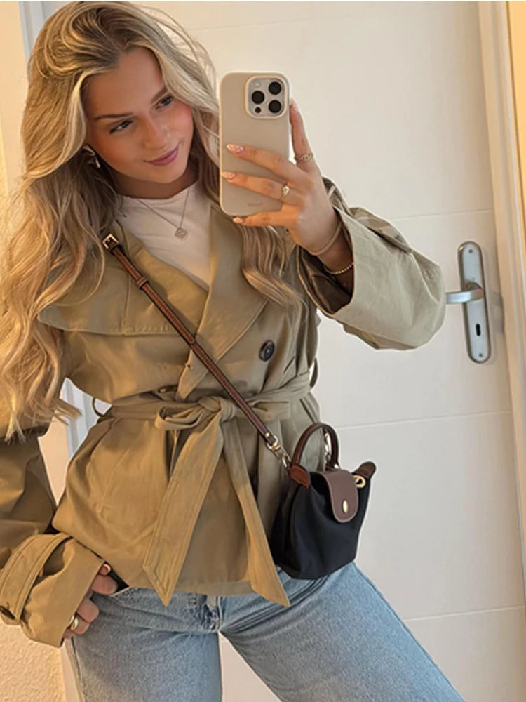 Krótki płaszcz trencz z paskiem | Dwurzędowy wysoki kołnierz szykowna damska kurtka