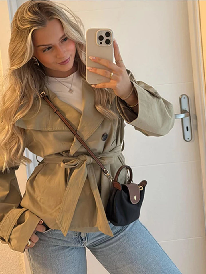 Krótki płaszcz trencz z paskiem | Dwurzędowy wysoki kołnierz szykowna damska kurtka