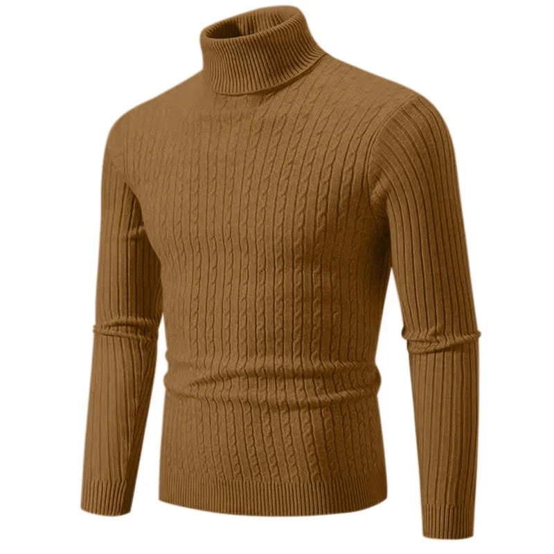 Brun rullekrave sweater til mænd, kabelstrik design, langærmet, varm og stilfuld. Perfekt til efterår og vintermode.