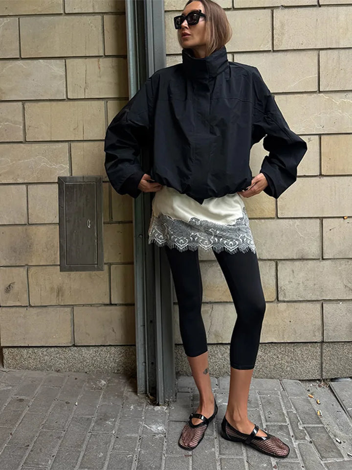 Krótka kurtka przeciwwiatrowa | Wysoki kołnierz Sznurowany pas Casual Jesień