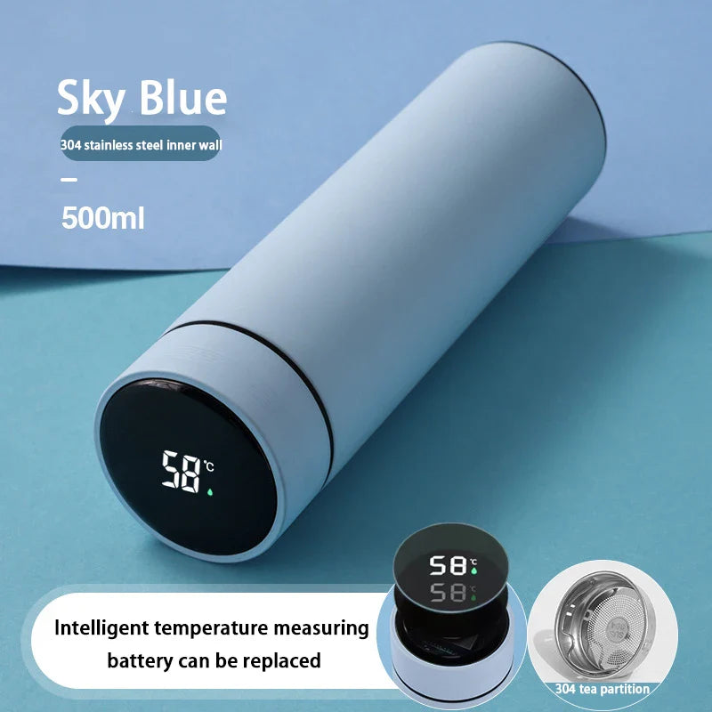 Sky blue termoflaske, 500ml, med 304 rustfrit stål indvendigt. Digital temperaturmåler på låget. Udskifteligt batteri. Ideel til te og kaffe.