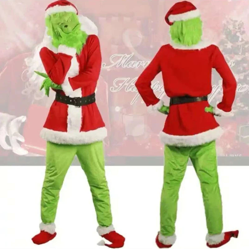 Grinch i julemandskostume, forfra og bagfra, med grøn hud og rød dragt. Perfekt til julefester og kostumebegivenheder.