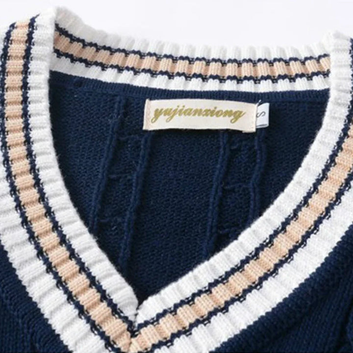 Vestă tricotată pentru bărbați cu decolteu în V | Stil retro preppy, vestă lejeră și casual