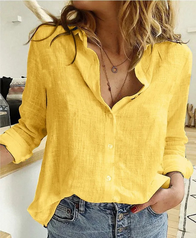 Elegante camisa de lino de algodón para mujer, casual, lisa, con botones y solapa, manga larga, blusa suelta tipo túnica, otoño invierno