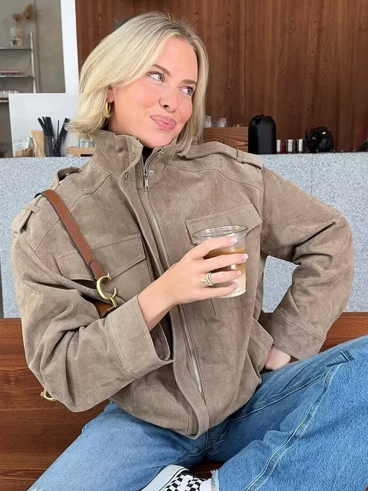 Geacă bomber retro elegantă pentru femei, aspect piele întoarsă, cu buzunare și guler deschis